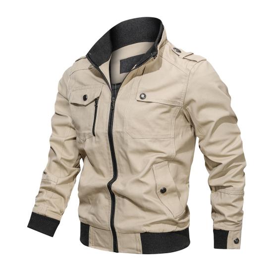 Autumn Winter Men Stand Collar Long Sleeve Jacket Multi Pockets Elastic Hem Zipper Placket Windbreaker Jacket Coat
