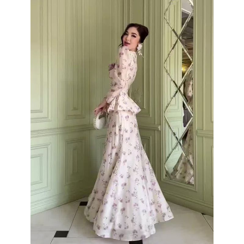 Western Style Floral Sweet Long Sleeve Top Skirt Sets Printed Shirt and Skirt Set