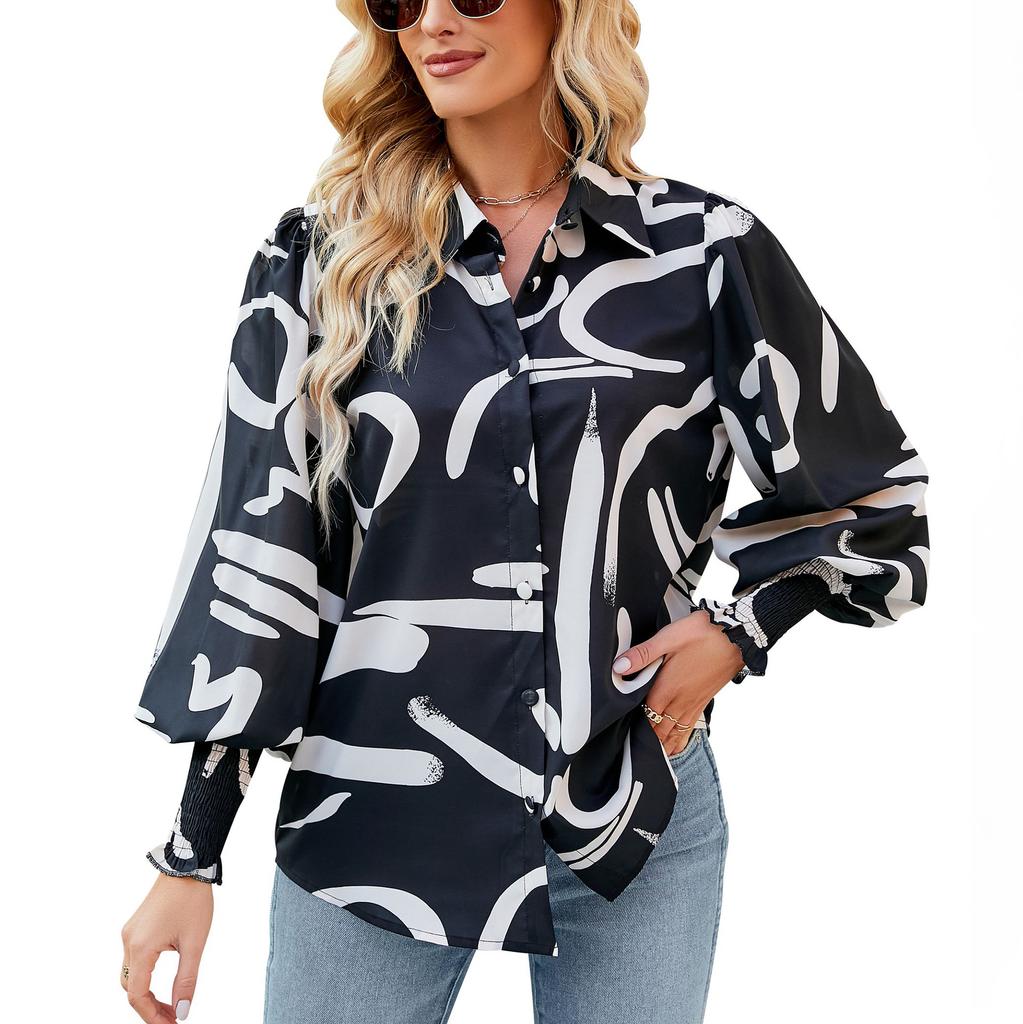 DX2018-8127 # - New Top Casual Print Bubble Shoulder Lantern Long Sleeve Shirt Women