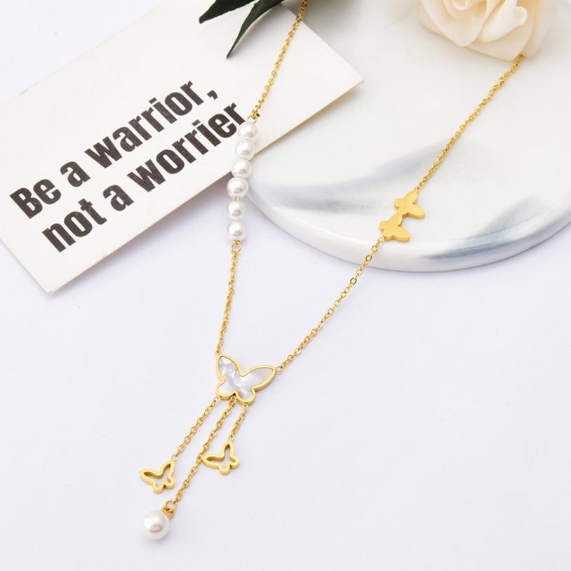 316L Stainless Steel New Fashion Fine Jewelry Pearl Butterfly Shell 3 Tassel Charms Chain Choker Necklaces Pendants For Women