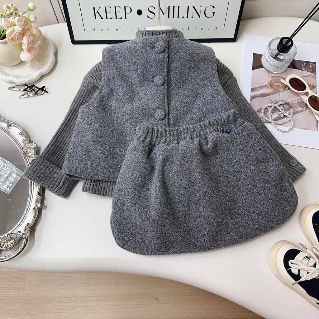 Girls' Autumn/Winter Trendy Dog Print Padded Vest & Skirt Two-Piece Set