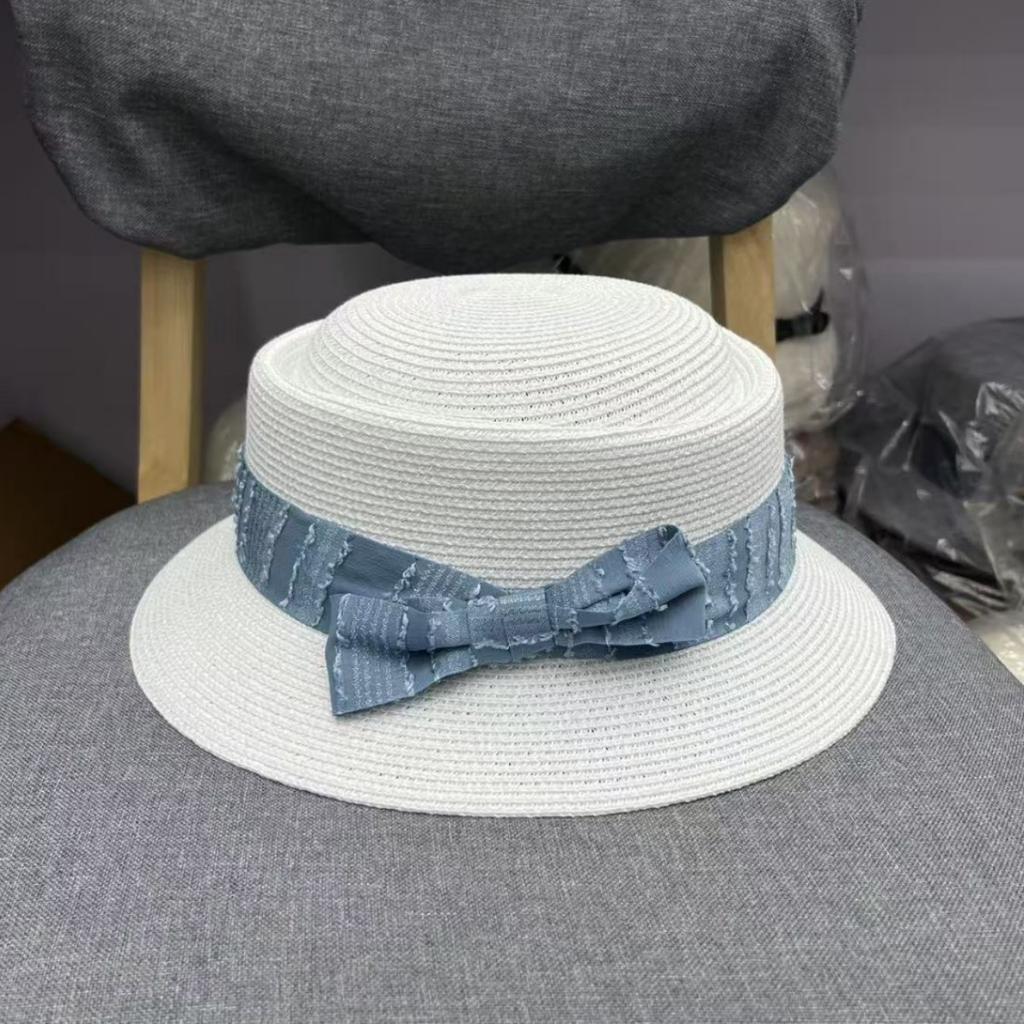 Summer fresh bow concave top straw hat children's fashion versatile sunshade top hat seaside vacation sunscreen hat