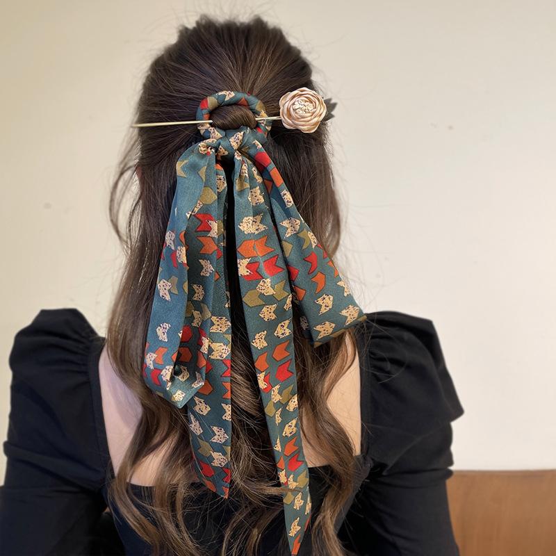 New Silk Scarf Printed Hair Sticks Chinese Style Elegant Women's Long Ribbon Hair Band Bandana Hair Stick Clip Hair Accessories