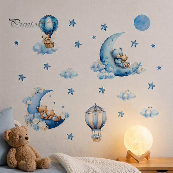 Non Fading PVC Wall Stickers 2Pcs Starry Sky Bear Stickers, Cartoon Moon Hot Air Balloon Decals, Versatile Decals for Glass Blue Peel And Stick