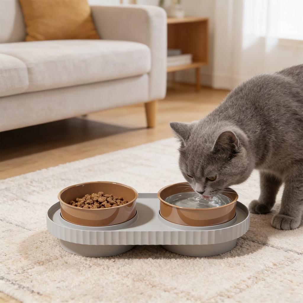 Anti-Tip 2-in-1 Dog and Cat Food and Water Bowl with Weighted Base, Easy-Clean Plastic Double Bowl for Small and Medium Pets