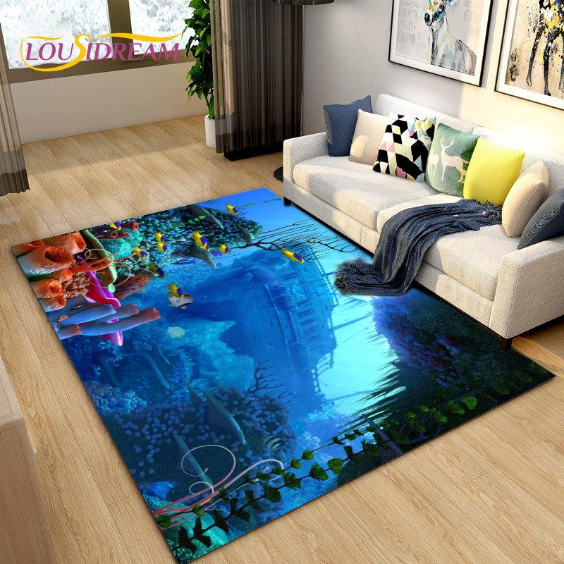 3D Seabed Illusion Underwater World Dolphin Shark Area Rug,Carpet Rug for Living Room Bedroom Sofa Doormat,Non-slip Floor Mat