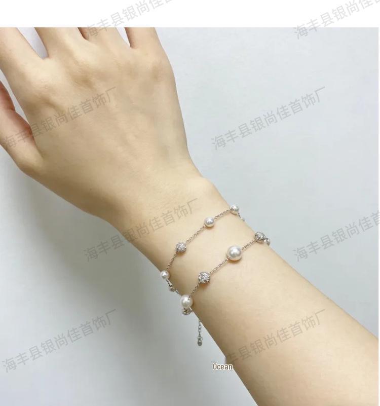 S925 Sterling Silver Sparkle Diamond Ball & Pearl Bracelet - Versatile and Fashionable Full of Stars Design