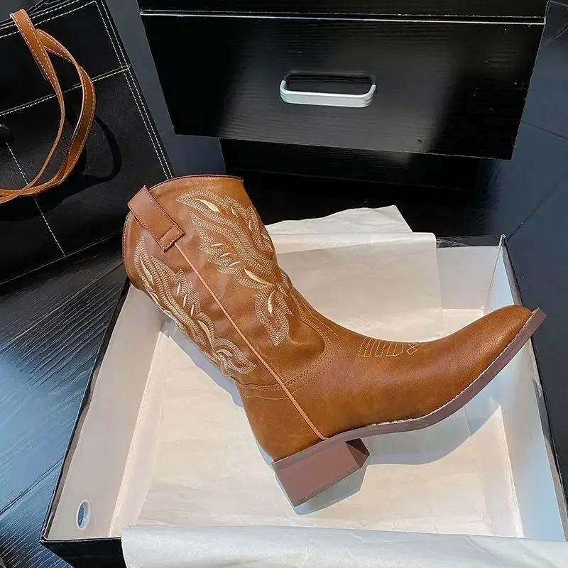 Fashion Denim Ladies Mid Calf Shoes Autumn Middle Heel Cowgirl Women's Half High Boots Cowboy Comfortable and Elegant Chic Footwear Y2k