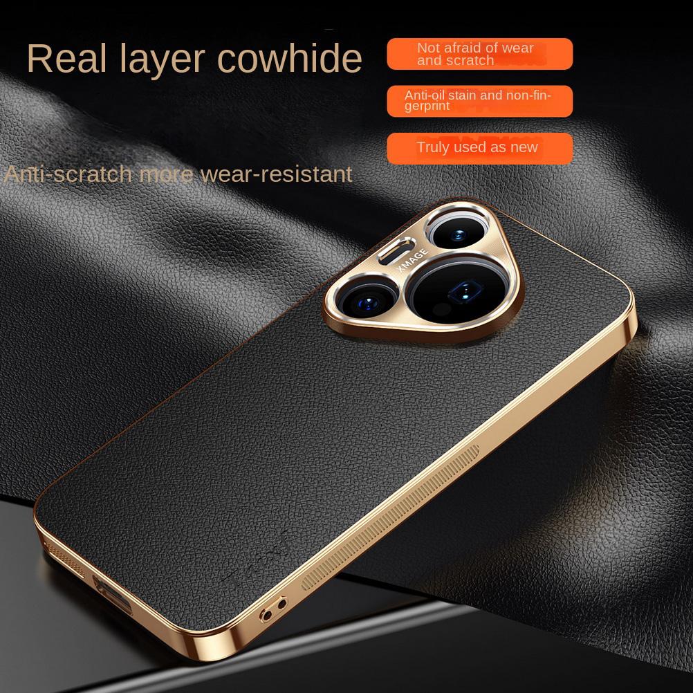 First Layer of Cowhide Lychee Texture Electroplated Frame Case For Huawei Pura 80 Ultra 70 Pro P60 P50 Mate 70 Pro + 60 50 Cover