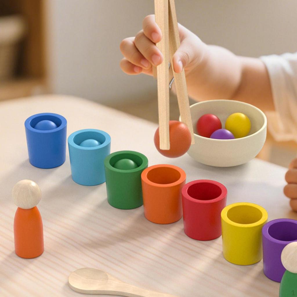 Color Sorting Toys Rainbow Balls in Cups with Tongs and Spoon for Kids Fun Learning Activities