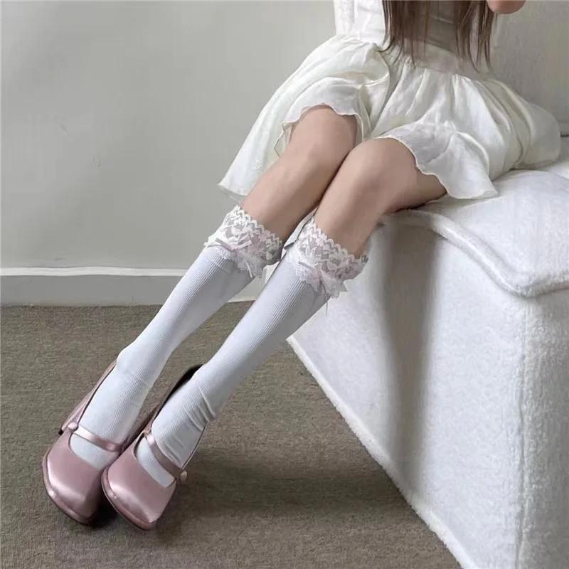 

Women s Lace Lolita Japanese Pile Sock Lady Mid-tube Breathable Comfortable Beautiful Cute Kawaii Girl Style Nice Bow Calf Socks One Size