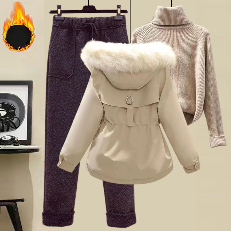 Women's Winter Suit Parker Jacket   Woolen Casual Pants + Turtleneck Sweater Fashion Three-piece Suit Women