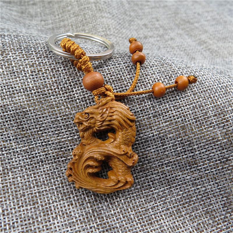 Chinese Style Keychain Peach Wood Zodiac Dragon Carving Pendant Car Key Backpack Decoration Good Luck Amulet