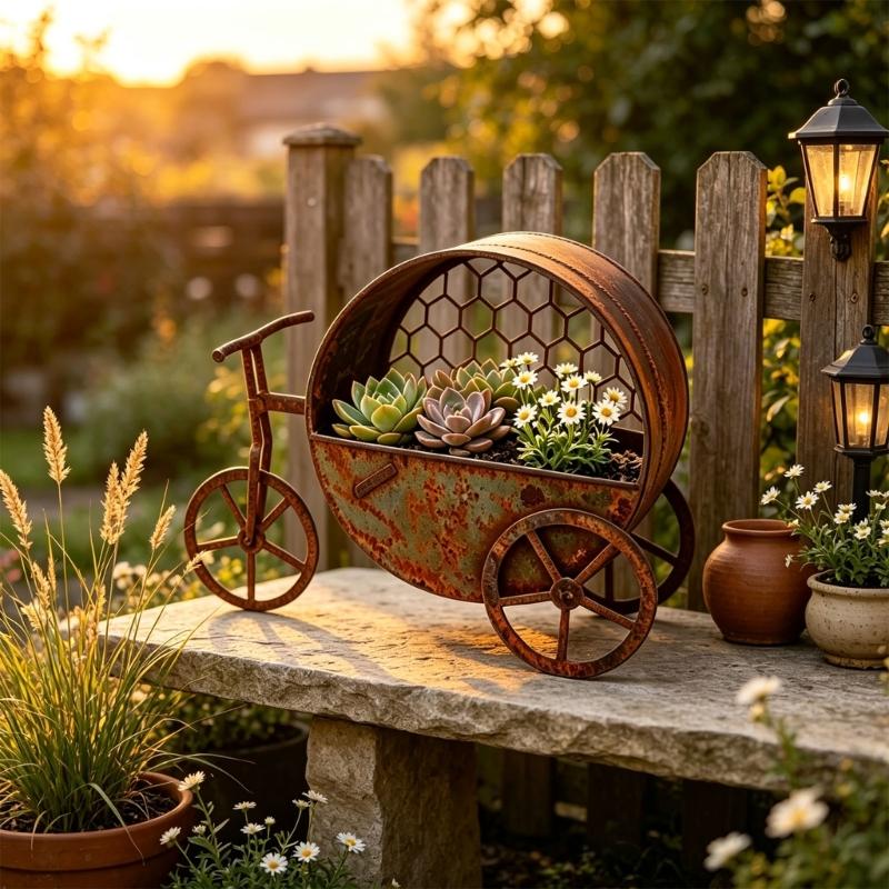 Decorative Bike Flower Pot with Aged-Look Finish, Wheel Base, Open Basket, and Iron Metal Frame for Garden Plant Displays