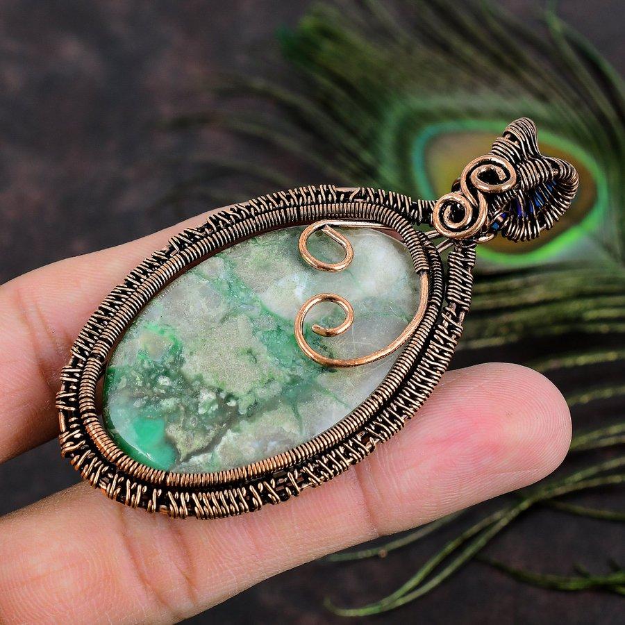 Natural Variscite Gemstone Handmade Copper Wire Wrap Gift Pendant 3.15 M5R51