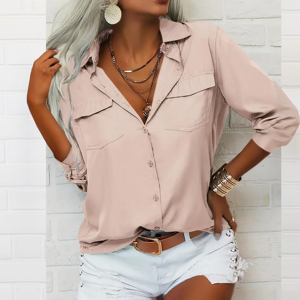 Long Sleeve Linen Shirts For Women Button Down Loose Color Blouse Lightweight Casual Lapel Tunic Tops