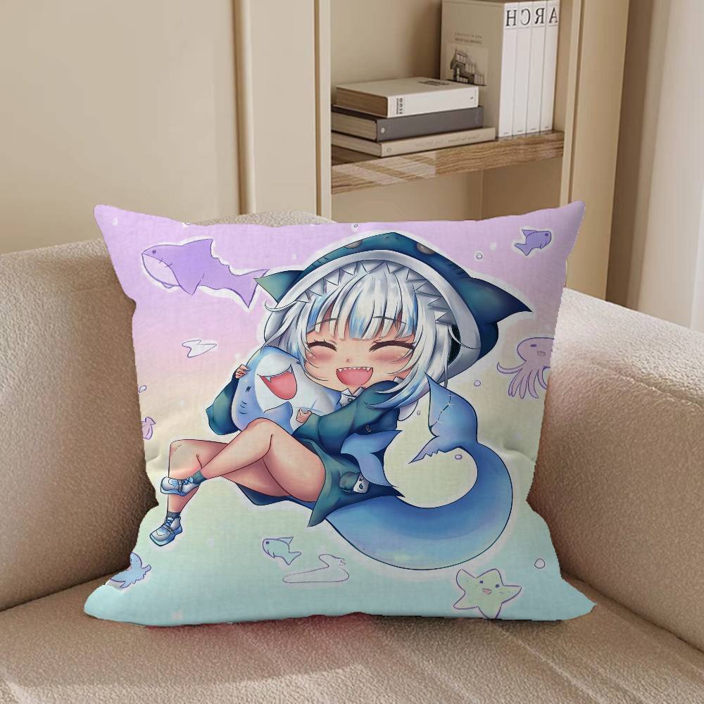 VTuber Gawr Gura Pillow Covers Cartoon Sofa Decorative Home Double-sided Printing Short Plush Cute Cushion Cover