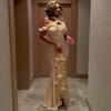 Elegantes asymmetrisches Spitzenbesatz-Langarmkleid Damen Hoher Bund A-Linie Ärmellos Midi in Beige