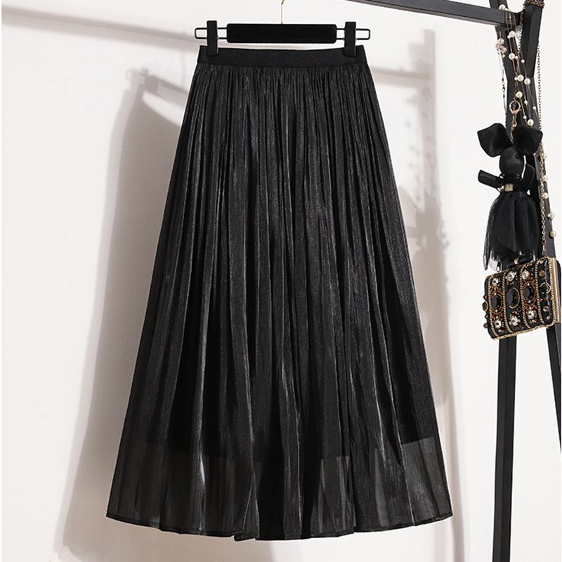 Women's Summer High-Waist A-Line Chiffon Midi Skirt - Premium Shimmer Mesh Umbrella Skirt with Elegant Swing