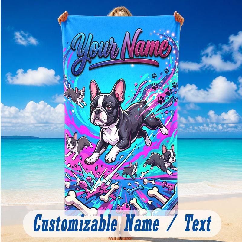 Dog Theme Beach Towel Personalized Custom Name & Text Soft Quick Dry Beach Towel for Swimming Travel