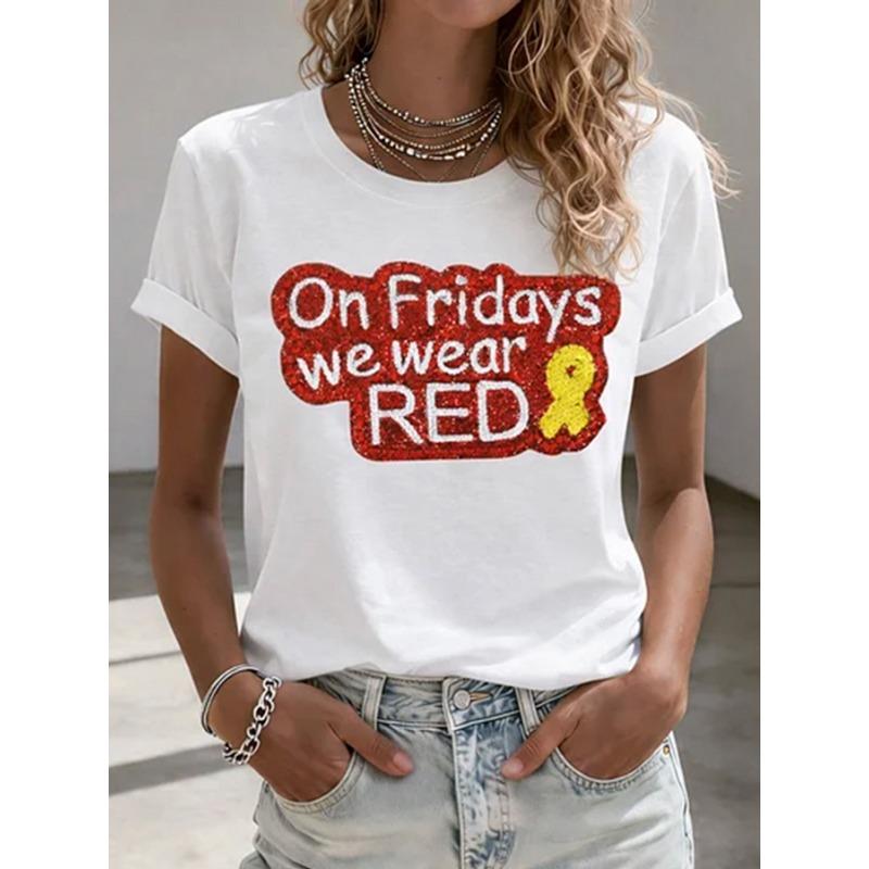 Womens Red Friday Print TShirts Summer Short Sleeve Tops Casual Tees
