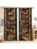 2pcs Magical Vintage Bookcase & Starry Pattern Curtains, Designed for Light Blocking, Premium Material, Suitable for Study,