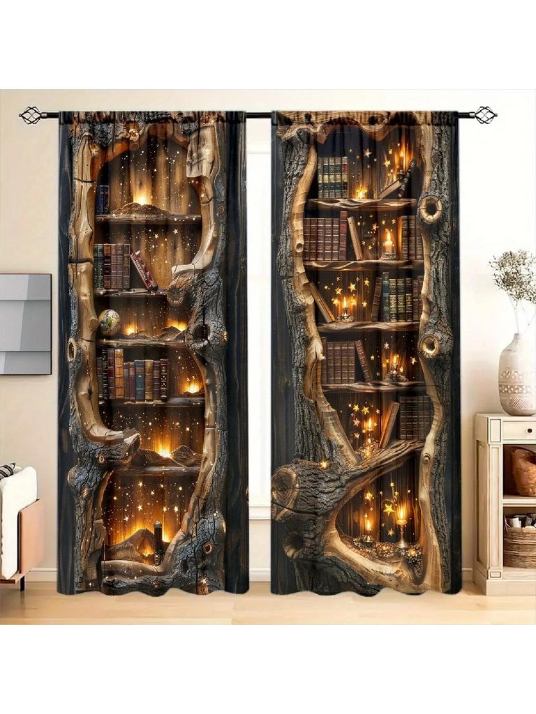 2pcs Magical Vintage Bookcase & Starry Pattern Curtains, Designed for Light Blocking, Premium Material, Suitable for Study,