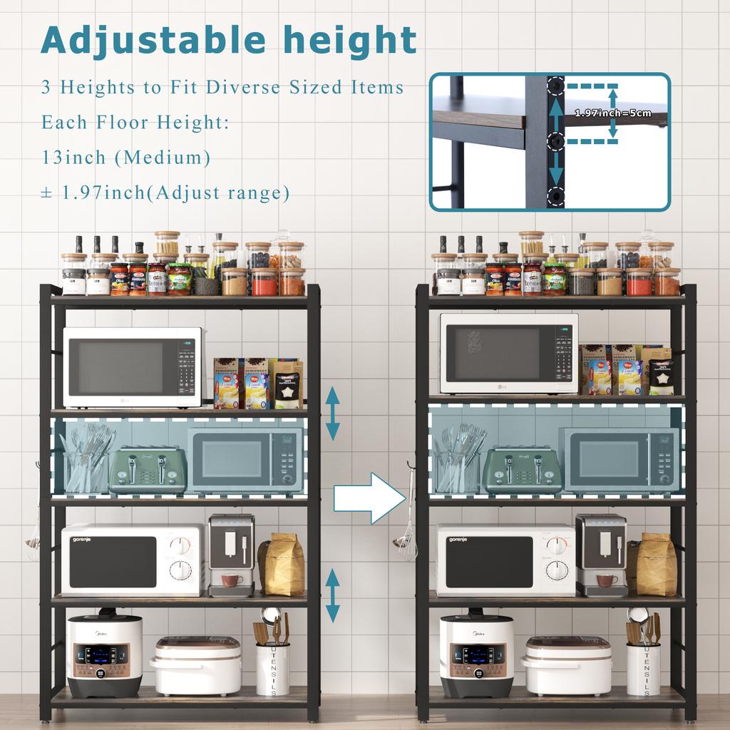 NAIYUFA Bakers Rack,Microwave Oven Stand 5 Tier Utility Storage Shelf with Hooks,Multifunctional Wood Shelf for Kitchen,Bathroom,Livingroom,Storehouse