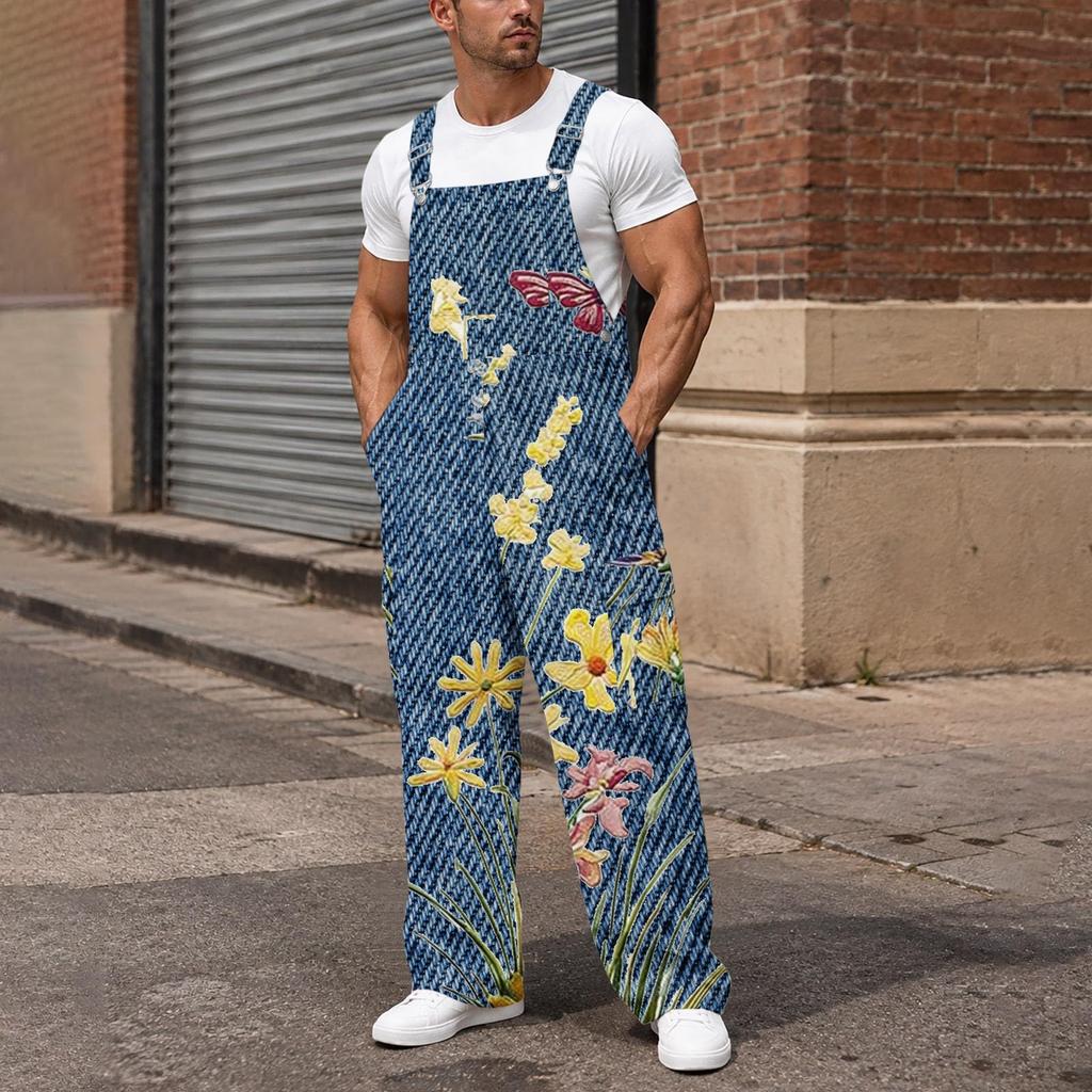 Men's Loose Fit Cargo Overalls Wide Leg Jumpsuit with Multi-Pocket Utility Pockets