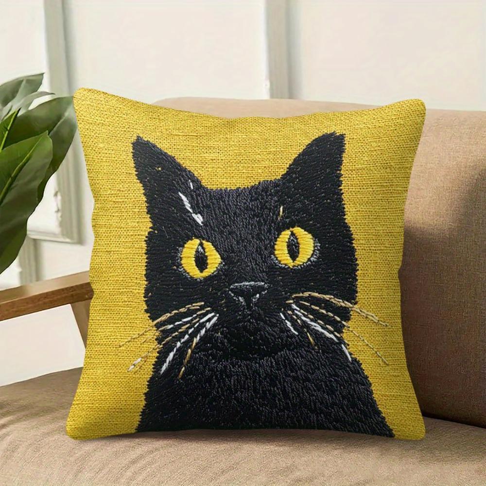 2D Flat- # Black Cat Yellow Linen Throw Pillow Cover Hd Non-Fade Decorative Cushion Case For Home Sofa Bedroom