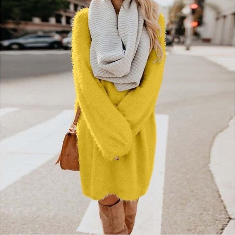 Women Autumn Winter Fashion Casual Sweater Dress Soft Comfy Long Sleeved Solid Dresses Solid Chic Loose Sweater Dresses Furry Sweater