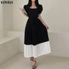 VONDA Elegant Women Casual O Neck Front Pleating Stitching Long Office Dress