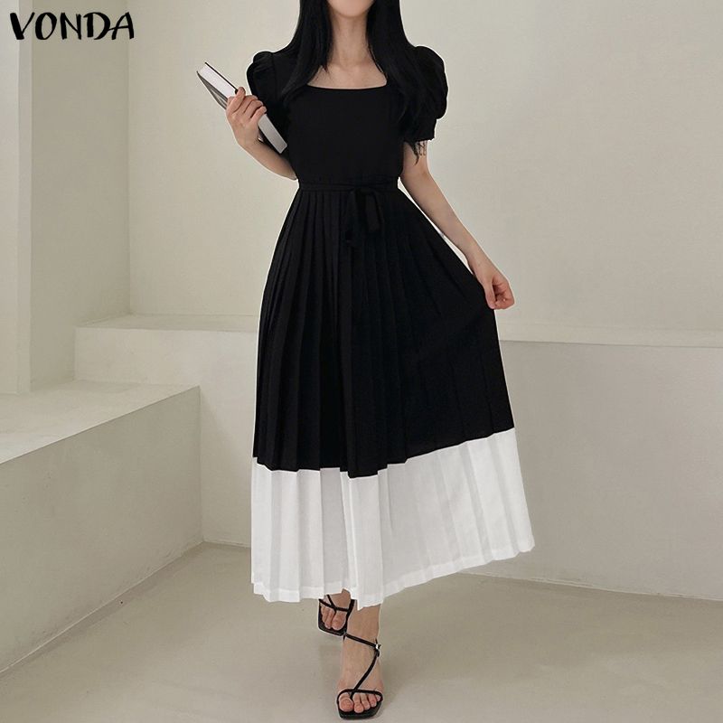 VONDA Elegant Women Casual O Neck Front Pleating Stitching Long Office Dress