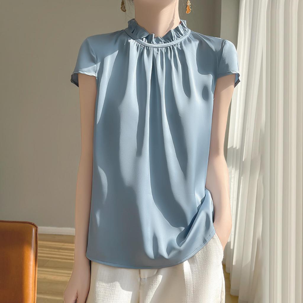 Blusen für Schlicht Kurz Steh Rüschen Groß Büro Schnitt und Rund Pendeln [Augseed] Damen, T-Shirts, Sommer, Ärmel, Kragen, Oberteile, Stilvoll, Hals,