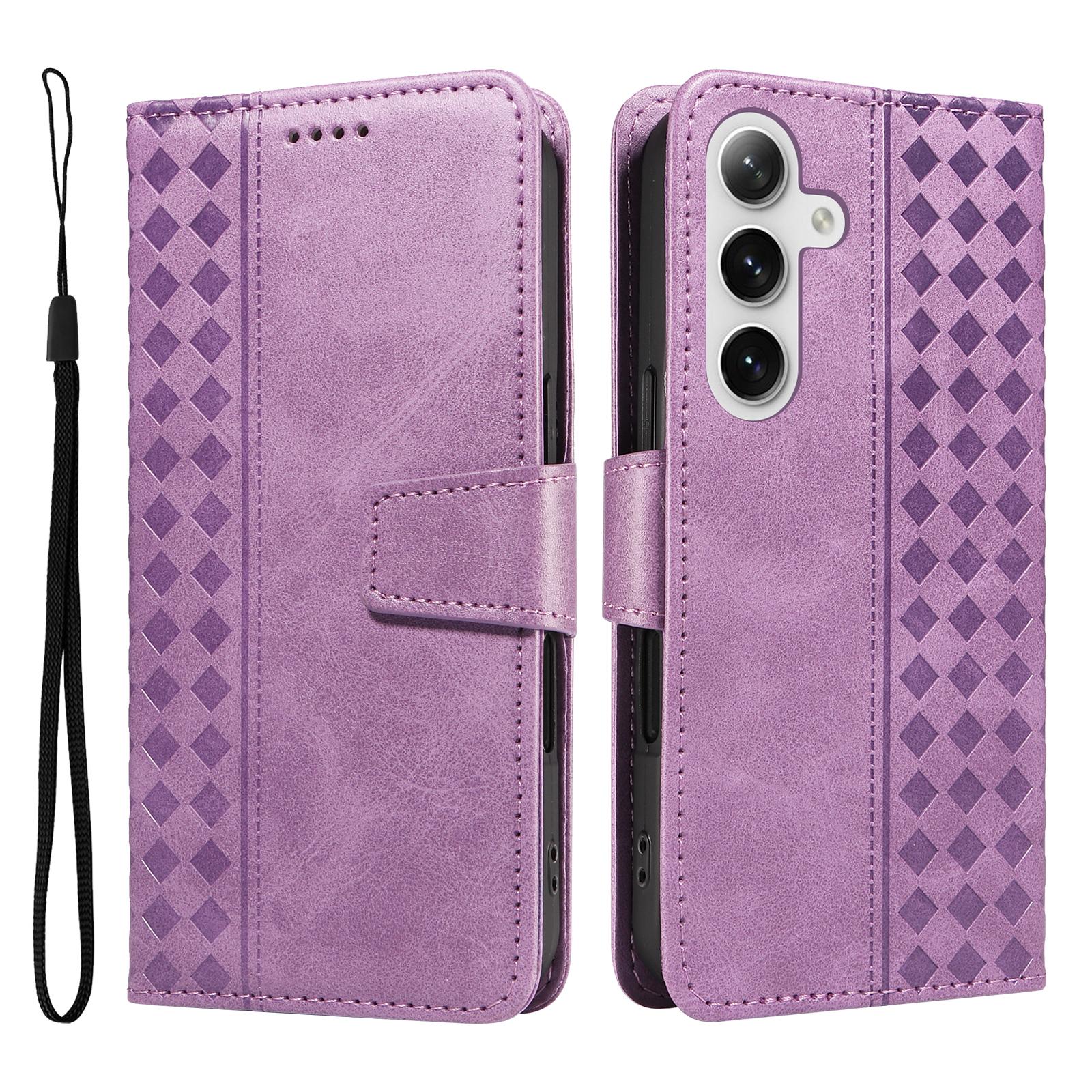

For Samsung Galaxy S24+/Galaxy S25+ Leather Case Wallet Stand Grids Imprinted Phone Cover with Strap B