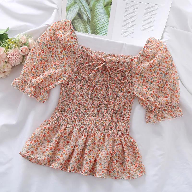 Women's Puff Sleeve Chiffon Shirt Off Shoulder Square Neck T-Shirt Slim Fit Women's Floral Top  Womens Blouses