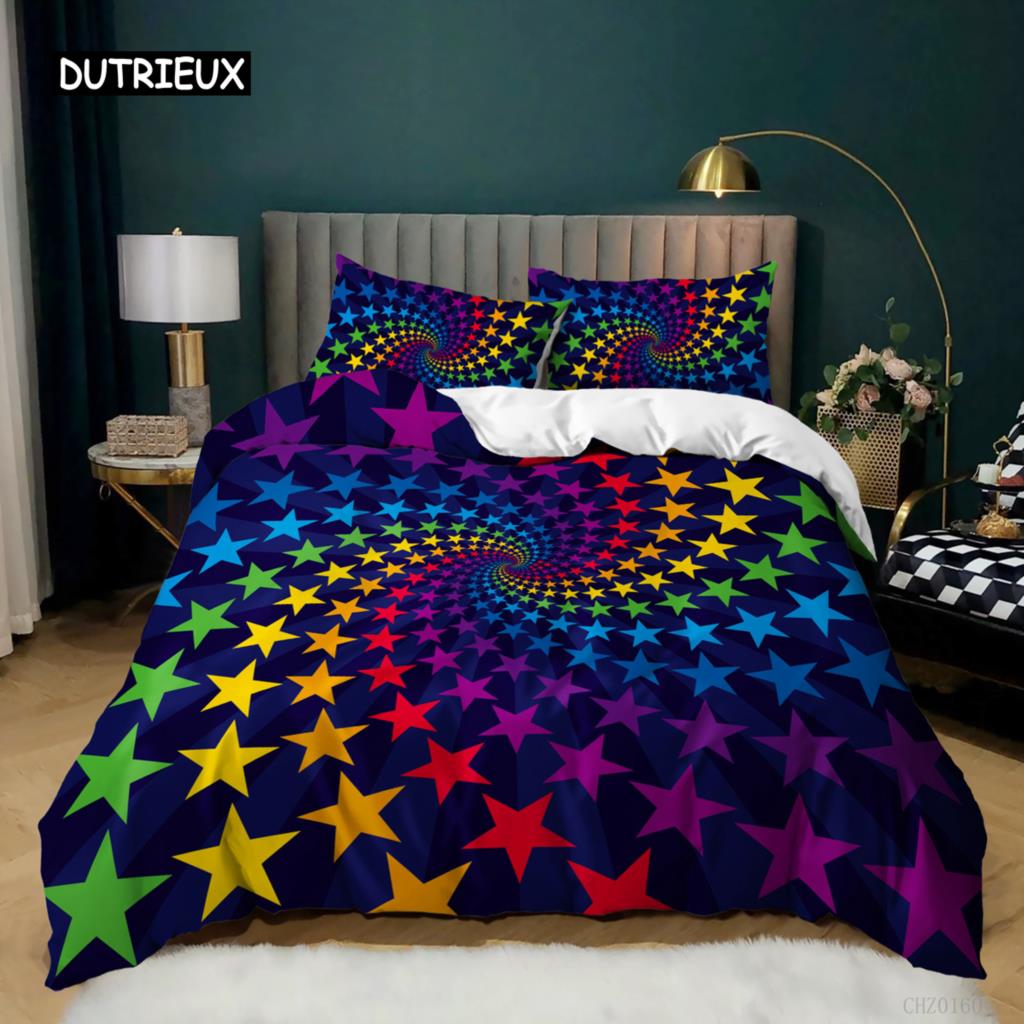 Rainbow Duvet Cover Set Queen King Size Sparkling Starry Sky Rainbow Bedding Set For Kids Teens Girls Microfiber Quilt Cover