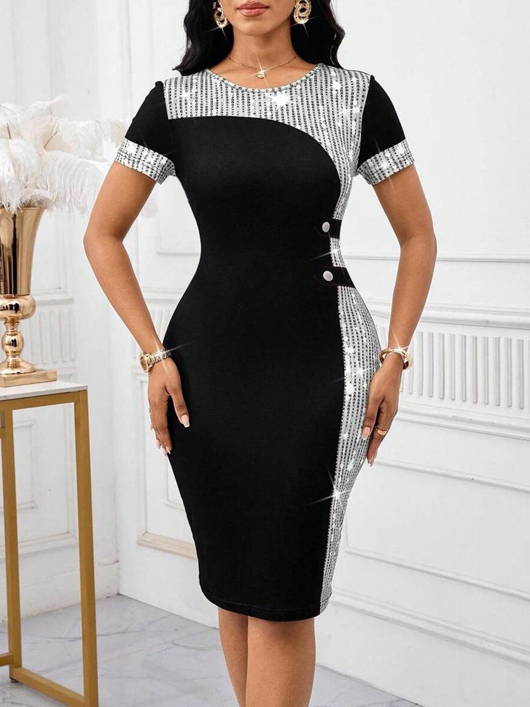 Plus Size Elegant Sequin Bodycon Evening Gown - Round Neck, Short Sleeve