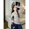 Korean Retro Color Block Striped Knit Polo for Women - Autumn Slim Fit Long Sleeve Top