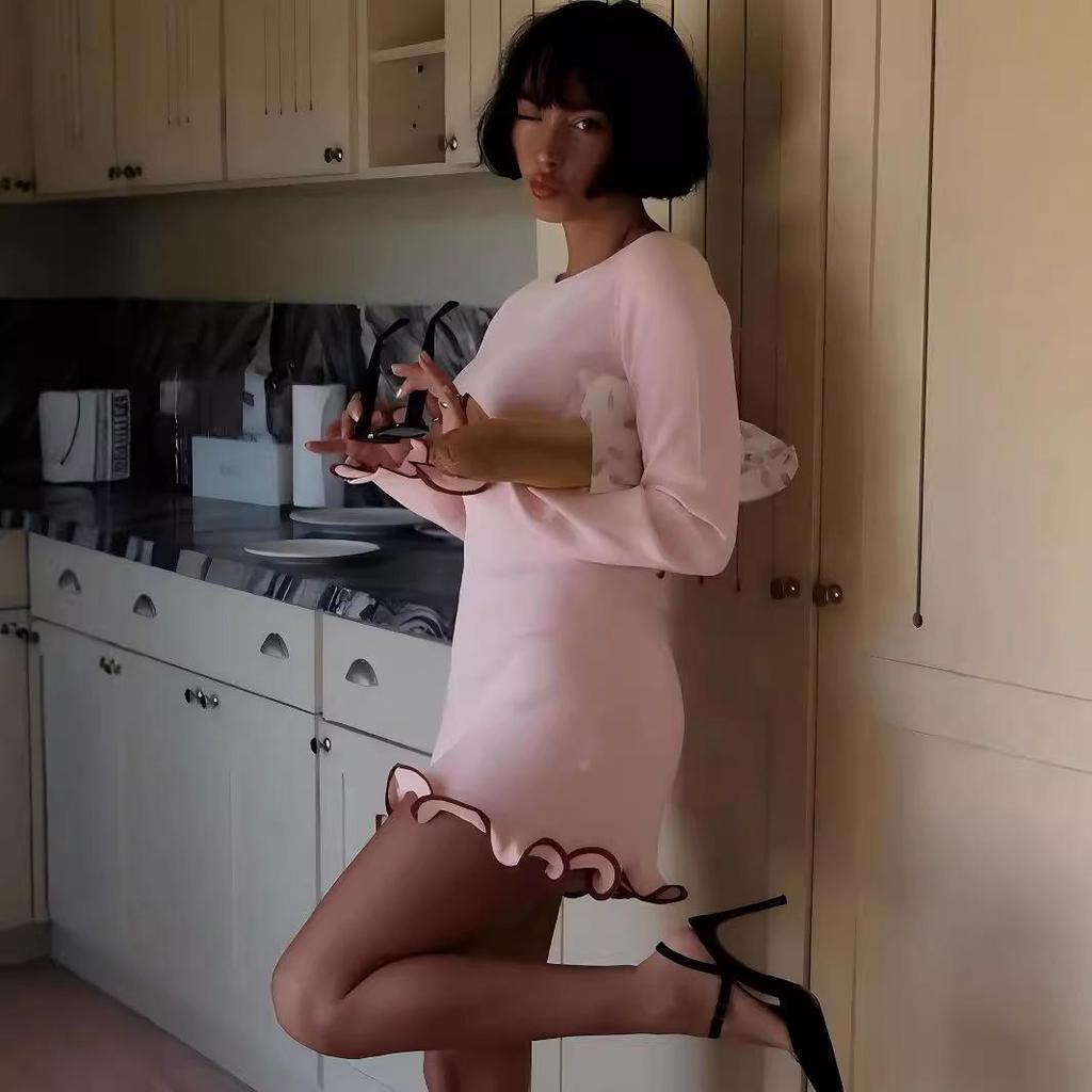 European & American Women's Fashion Lace Knit Dress - Autumn/Winter Solid Color, Round Neck, Long Sleeve, Short Length.