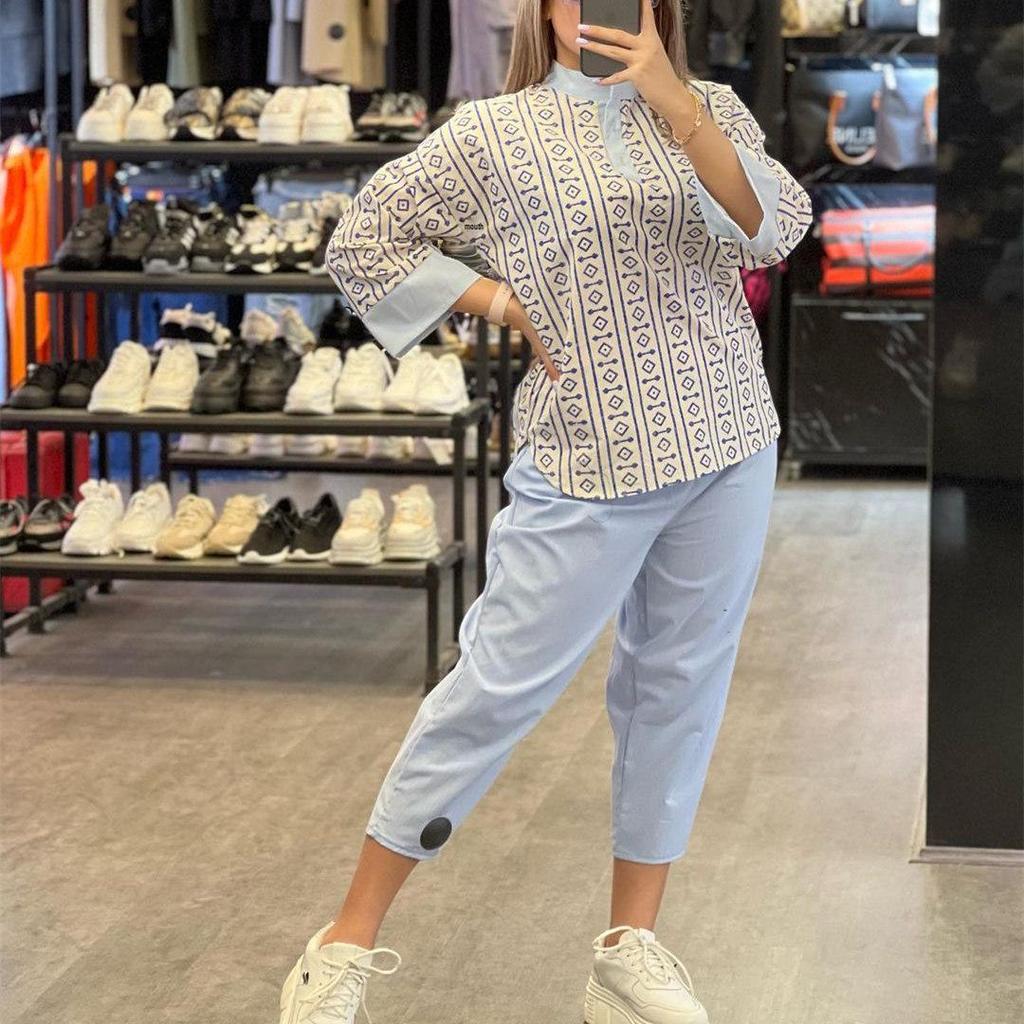 2025 Women's Fashion Set: Cotton Linen Print Top & High Waist Seven-Point Pants with Color Block Patchwork