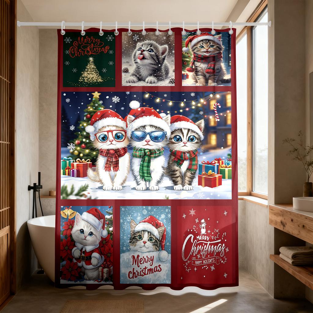 1Pc Christmas Cute Kitten Printed Waterproof Shower Partition Privacy Curtain 12 Hook Multi Size Decoration Machine Washable
