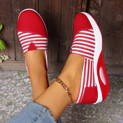 Women's Striped Slip-On Sneakers - Round Toe, Low Top, All-Season Comfort Shoes and Breathable Fabric Insole