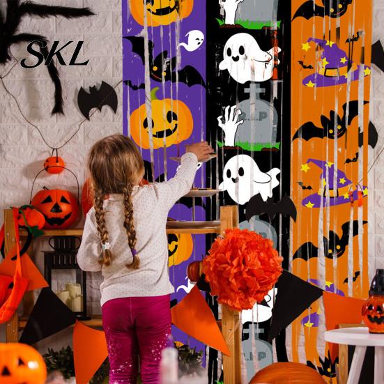 Halloween Room Decoration Foil Fringe Curtain for Halloween, Orange Purple Black Background Event Photo Booth Props, Pumpkin Ghost Bat Party