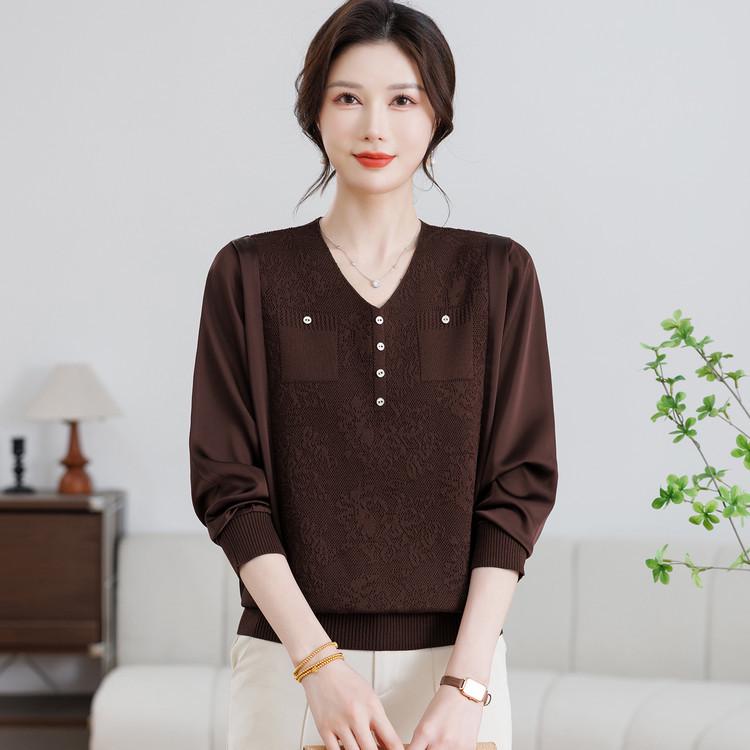 

Mother s V-Neck Patchwork Knit Top – Silk Satin Pullover for Commuting XL кофейный
