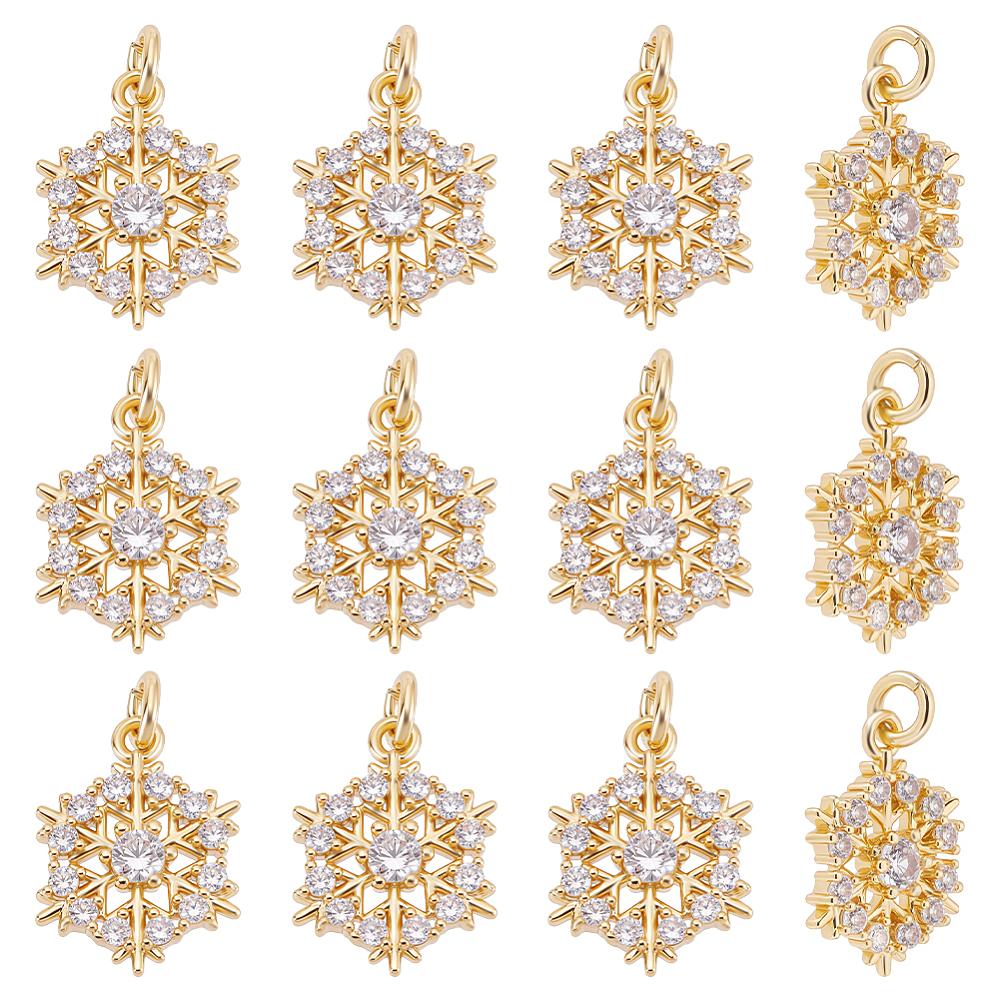 12Pcs Brass Micro Pave Cubic Zirconia Pendants Snowflake Charms Cadmium Free & Lead Free Rack Plating Long-Lasting Plated with Jump Ring