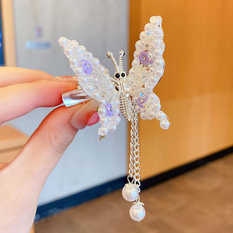 Children's Hanfu Butterfly Pearl Tassel Hair Clip - Women's Winged Head Accessory