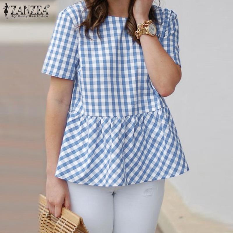 

ZANZEA Женская повседневная клетчатая клетчатая праздничная пляжная блузка с короткими рукавами и круглым вырезом
