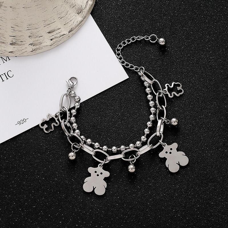 Dark Alloy Double Layer Bracelet with Heart, Little Bear, and Cross Pendants
