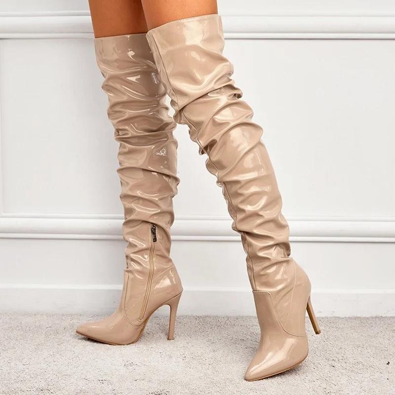 Sexy Pointy Thigh High Boot for Womens Party Shoes Patent Leather Pleated Over The Knee Slim Long Boots Botas De Mujer
